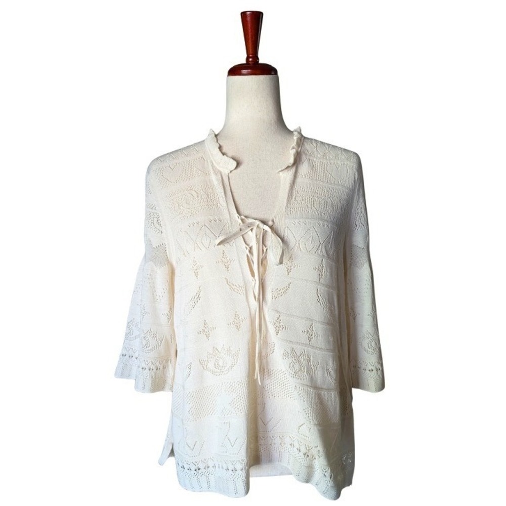 Zadig & Voltaire Taho Sweater Ecru Cotton Pointelle Lace Up Ruffle Top Large NEW